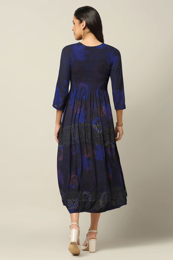 Womens Dark Blue Viscose Rayon Tie & Dye Printed Calf Length Dress