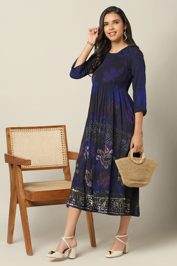 Womens Dark Blue Viscose Rayon Tie & Dye Printed Calf Length Dress