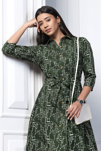 Womens Bottle Green Cotton Blend Abstract Printed Shirt Style Knee Length Dress