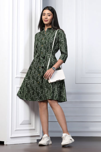 Womens Bottle Green Cotton Blend Abstract Printed Shirt Style Knee Length Dress