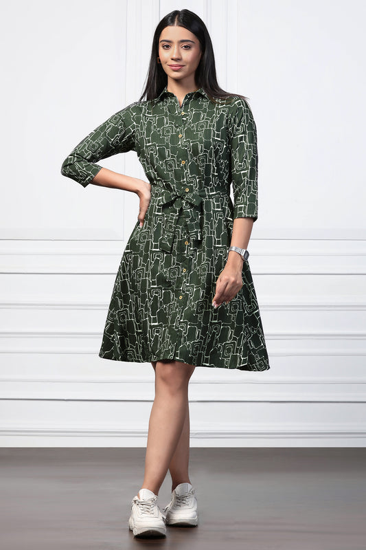 Womens Bottle Green Cotton Blend Abstract Printed Shirt Style Knee Length Dress