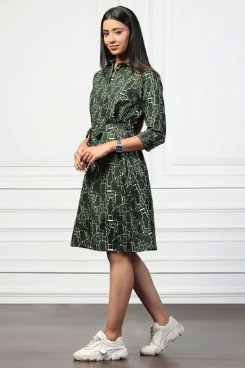 Womens Bottle Green Cotton Blend Abstract Printed Shirt Style Knee Length Dress