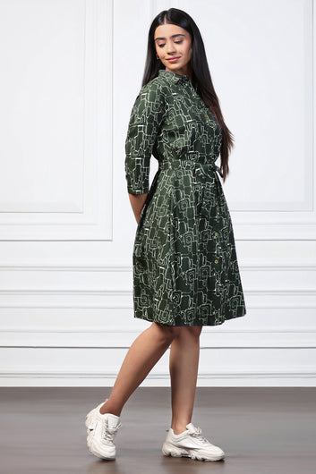 Womens Bottle Green Cotton Blend Abstract Printed Shirt Style Knee Length Dress