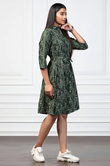 Womens Bottle Green Cotton Blend Abstract Printed Shirt Style Knee Length Dress