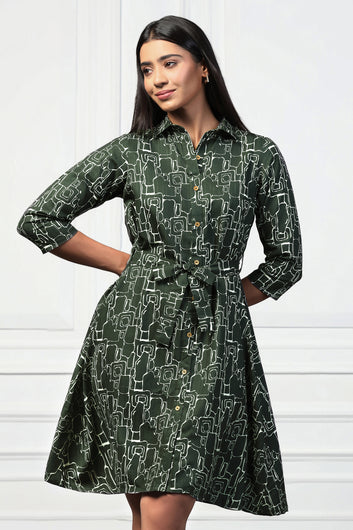 Womens Bottle Green Cotton Blend Abstract Printed Shirt Style Knee Length Dress