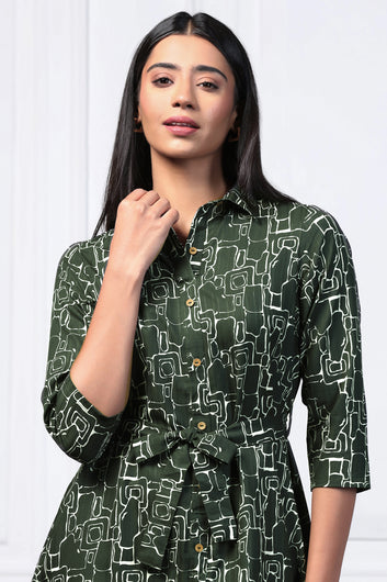 Womens Bottle Green Cotton Blend Abstract Printed Shirt Style Knee Length Dress