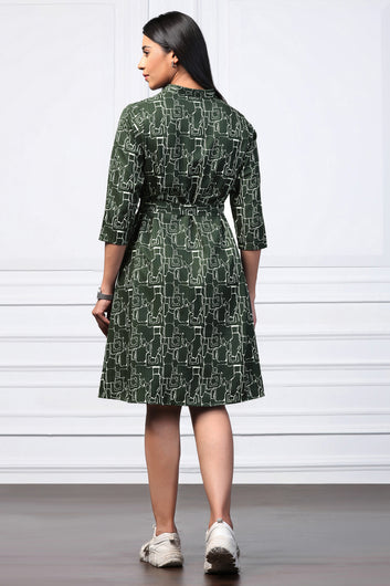 Womens Bottle Green Cotton Blend Abstract Printed Shirt Style Knee Length Dress