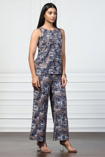 Womens Navy Blue Cotton Blend ABstract Printed A-Line Top With Trouser Set