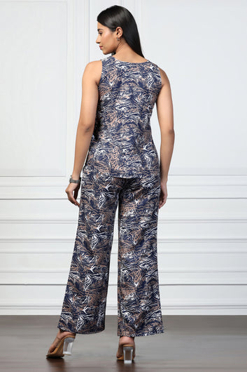 Womens Navy Blue Cotton Blend ABstract Printed A-Line Top With Trouser Set