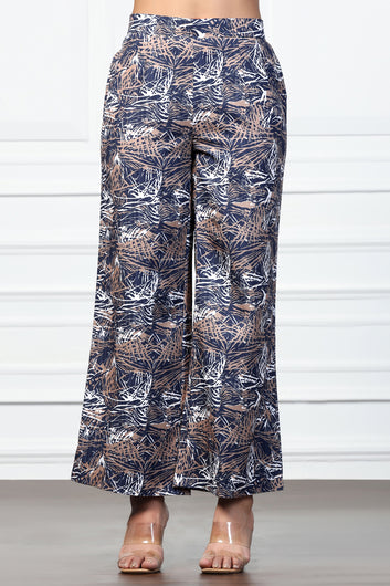 Womens Navy Blue Cotton Blend ABstract Printed A-Line Top With Trouser Set