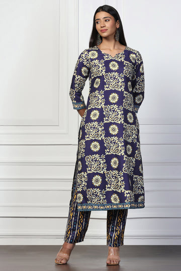 Womens Blue Rayon Slub Floral Printed Calf Length Kurta With Trouser Set