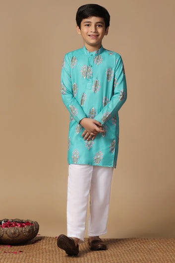 Boys Teal Blue Cotton Blend Printed Straight Kurta And Jacket With Payjama Set