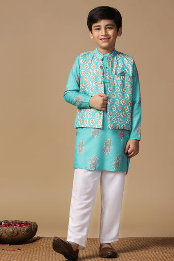 Boys Teal Blue Cotton Blend Printed Straight Kurta And Jacket With Payjama Set