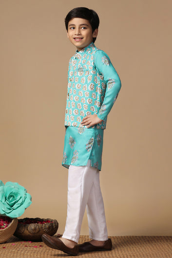 Boys Teal Blue Cotton Blend Printed Straight Kurta And Jacket With Payjama Set