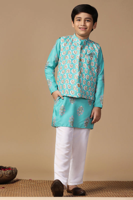 Boys Teal Blue Cotton Blend Printed Straight Kurta And Jacket With Payjama Set