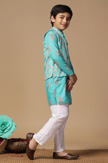 Boys Teal Blue Cotton Blend Printed Straight Kurta And Jacket With Payjama Set