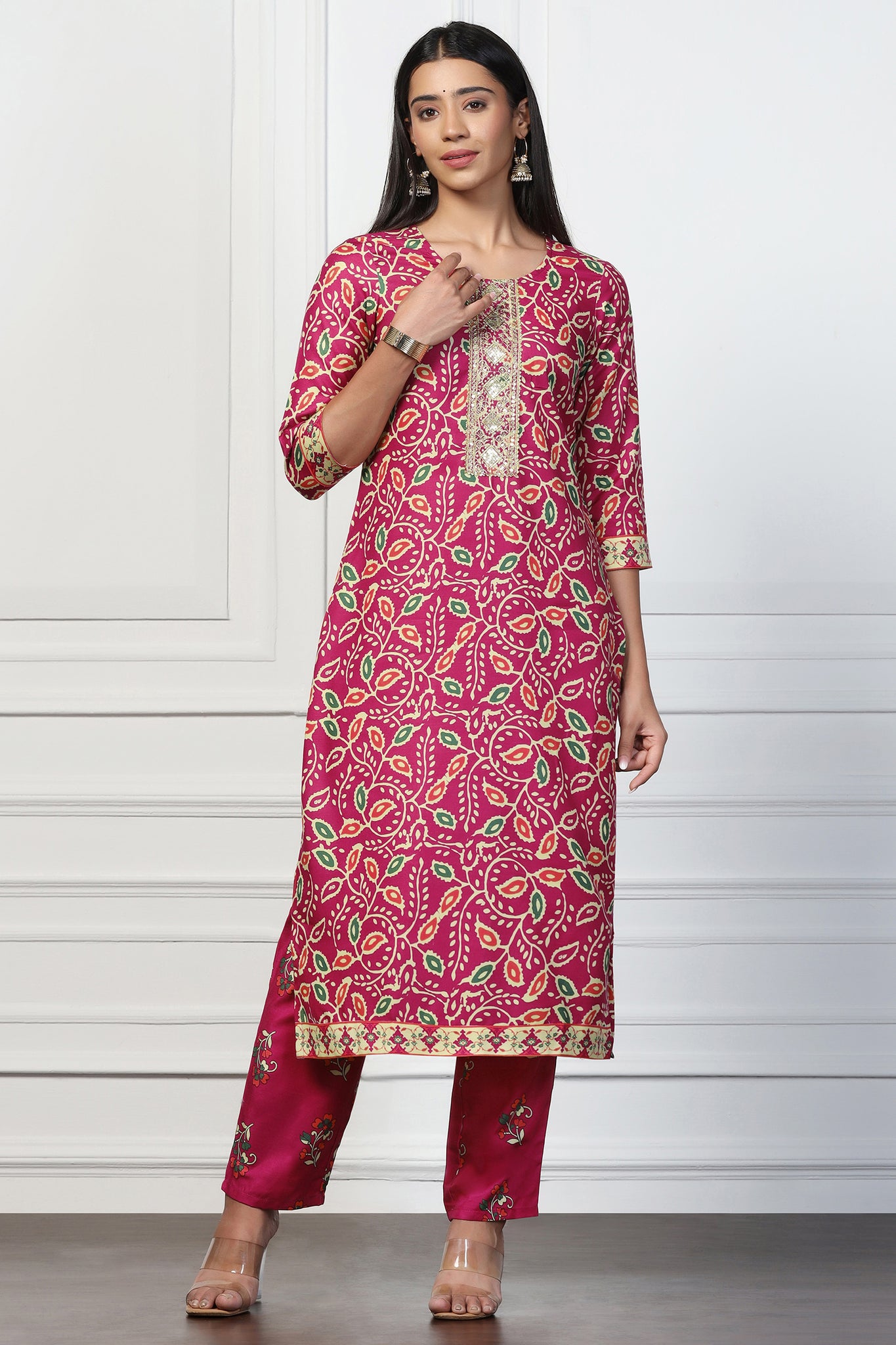 Womens Magenta Rayon Slub Floral Printed Calf Length Kurta With Trouser Set