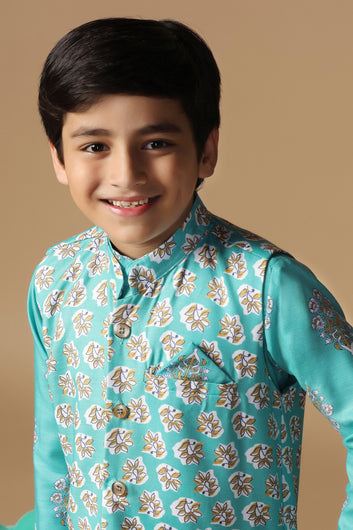 Boys Teal Blue Cotton Blend Printed Straight Kurta And Jacket With Payjama Set