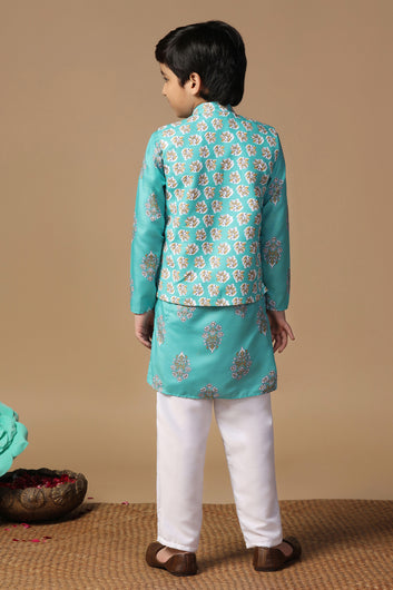 Boys Teal Blue Cotton Blend Printed Straight Kurta And Jacket With Payjama Set