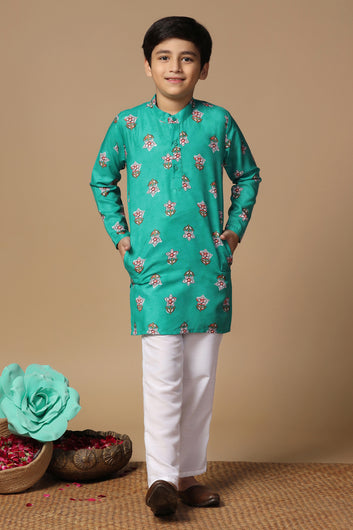 Boys Turquoise Cotton Blend Floral Printed Straight Kurta And Jacket With Payjama Set