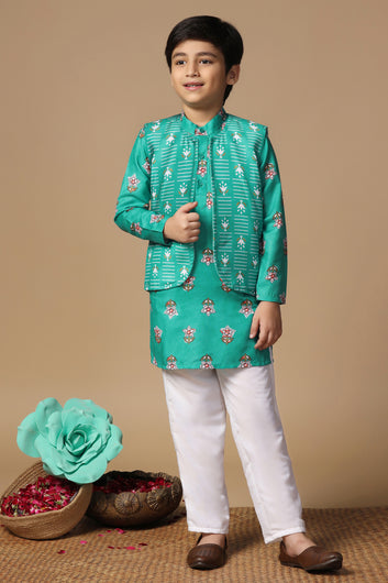 Boys Turquoise Cotton Blend Floral Printed Straight Kurta And Jacket With Payjama Set