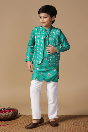 Boys Turquoise Cotton Blend Floral Printed Straight Kurta And Jacket With Payjama Set