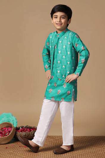 Boys Turquoise Cotton Blend Floral Printed Straight Kurta And Jacket With Payjama Set