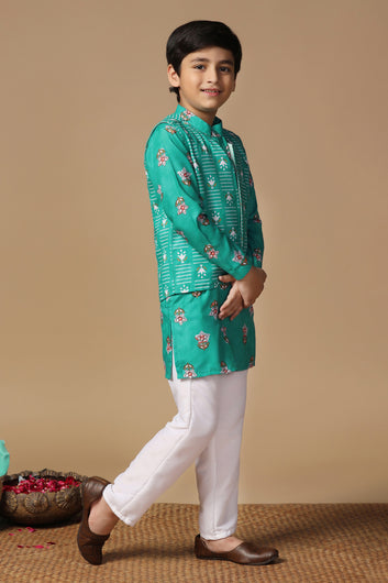 Boys Turquoise Cotton Blend Floral Printed Straight Kurta And Jacket With Payjama Set