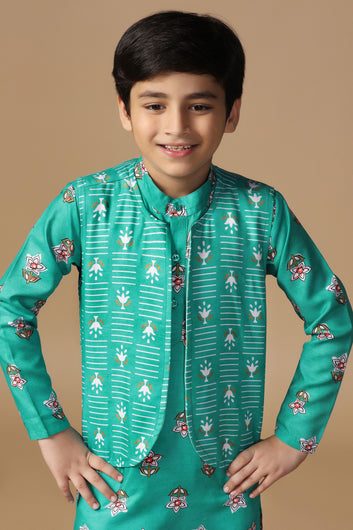 Boys Turquoise Cotton Blend Floral Printed Straight Kurta And Jacket With Payjama Set