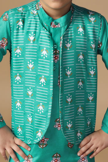 Boys Turquoise Cotton Blend Floral Printed Straight Kurta And Jacket With Payjama Set