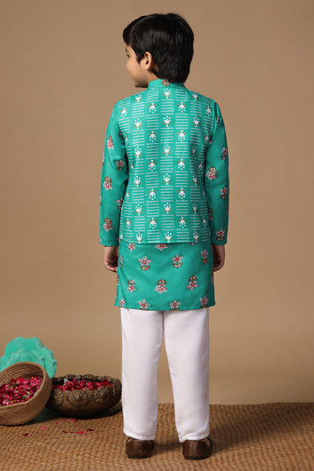 Boys Turquoise Cotton Blend Floral Printed Straight Kurta And Jacket With Payjama Set