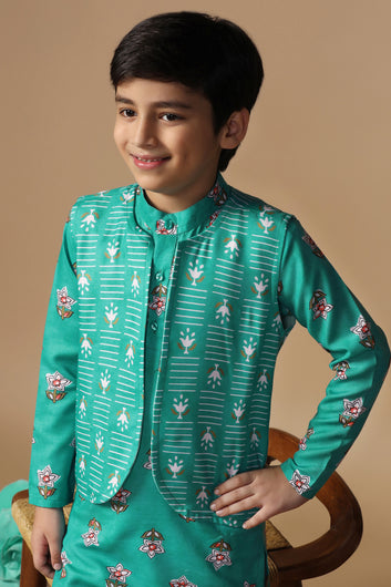 Boys Turquoise Cotton Blend Floral Printed Straight Kurta And Jacket With Payjama Set