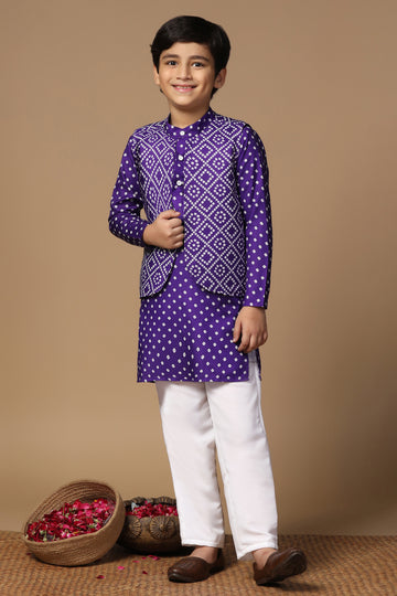 Boys Violet Cotton Blend Printed Straight Kurta And Jacket With Payjama Set