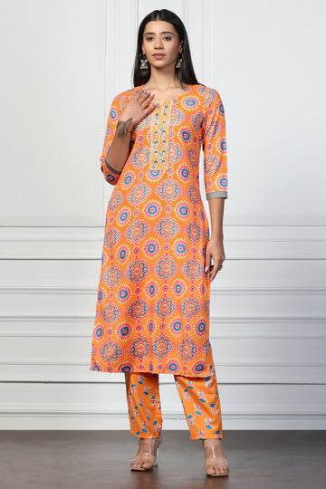 Womens Orange Rayon Slub Floral Printed Calf Length Kurta With Trouser Set