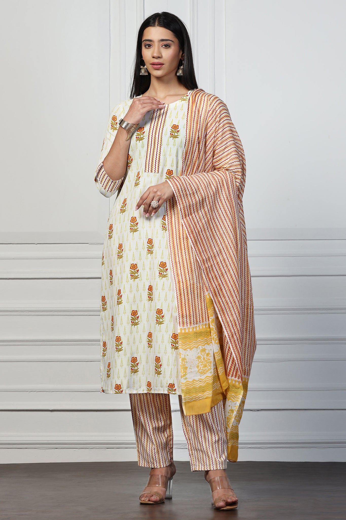 Womens Off White Cotton Floral Printed Calf Length Kurta And Pant With Dupatta Set