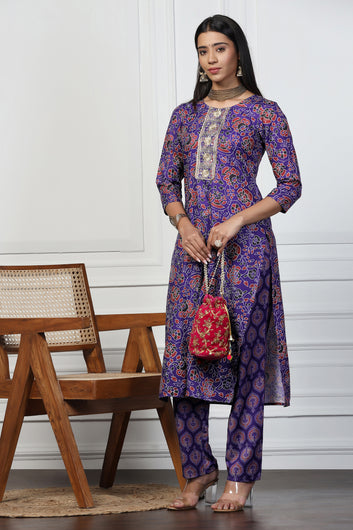 Womens Violet Rayon Slub Regular Floral Printed Kurta With Pant Set