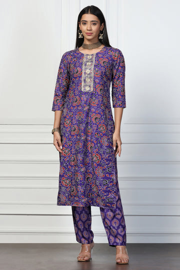 Womens Violet Rayon Slub Regular Floral Printed Kurta With Pant Set