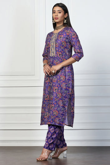 Womens Violet Rayon Slub Regular Floral Printed Kurta With Pant Set