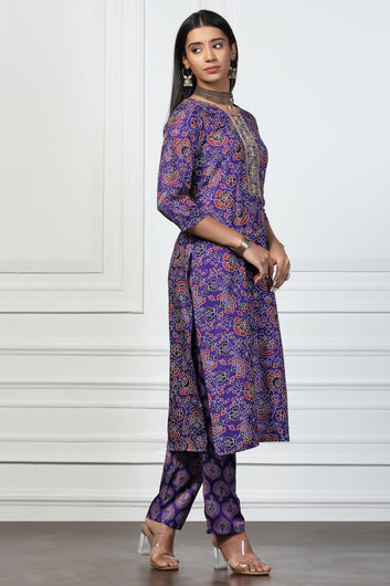 Womens Violet Rayon Slub Regular Floral Printed Kurta With Pant Set