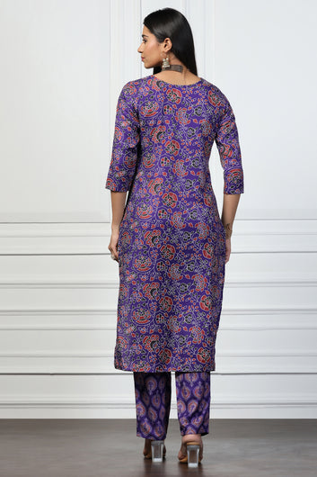 Womens Violet Rayon Slub Regular Floral Printed Kurta With Pant Set