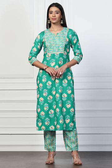 Womens Sea Green Rayon Slub Floral Printed Calf Length Kurta With Salwar Set