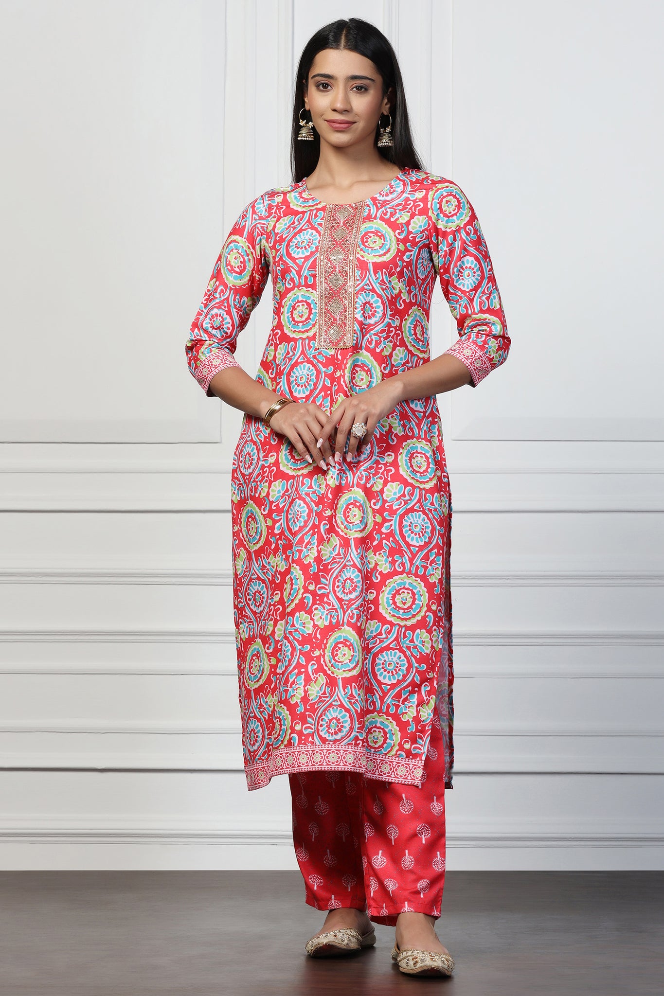 Womens Red Rayon Slub Floral Printed Calf Length Kurta With Trouser Set