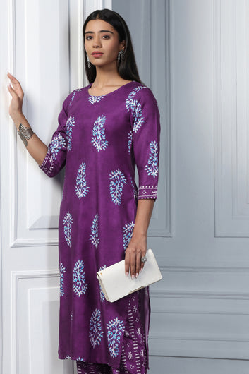 Womens Violet Rayon Slub Floral Printed Kurta With Trouser Set