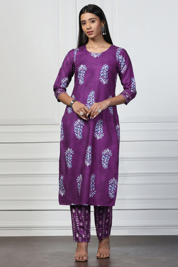 Womens Violet Rayon Slub Floral Printed Kurta With Trouser Set