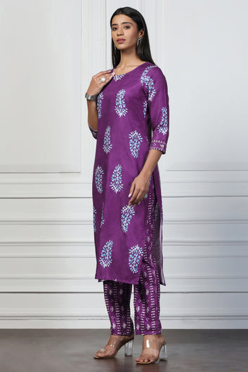 Womens Violet Rayon Slub Floral Printed Kurta With Trouser Set