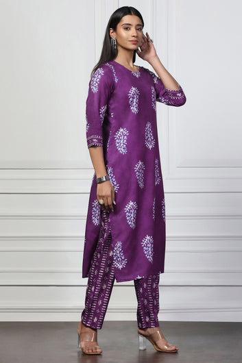 Womens Violet Rayon Slub Floral Printed Kurta With Trouser Set