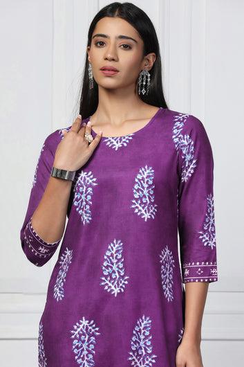 Womens Violet Rayon Slub Floral Printed Kurta With Trouser Set