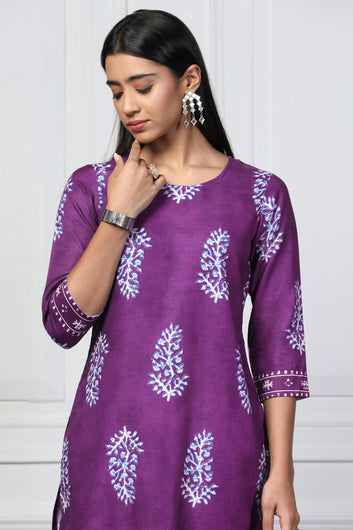 Womens Violet Rayon Slub Floral Printed Kurta With Trouser Set