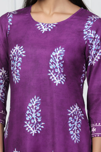 Womens Violet Rayon Slub Floral Printed Kurta With Trouser Set