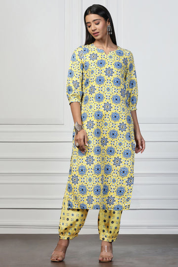 Womens Yellow Rayon Slub Floral Printed Calf Length Kurta With Trouser Set